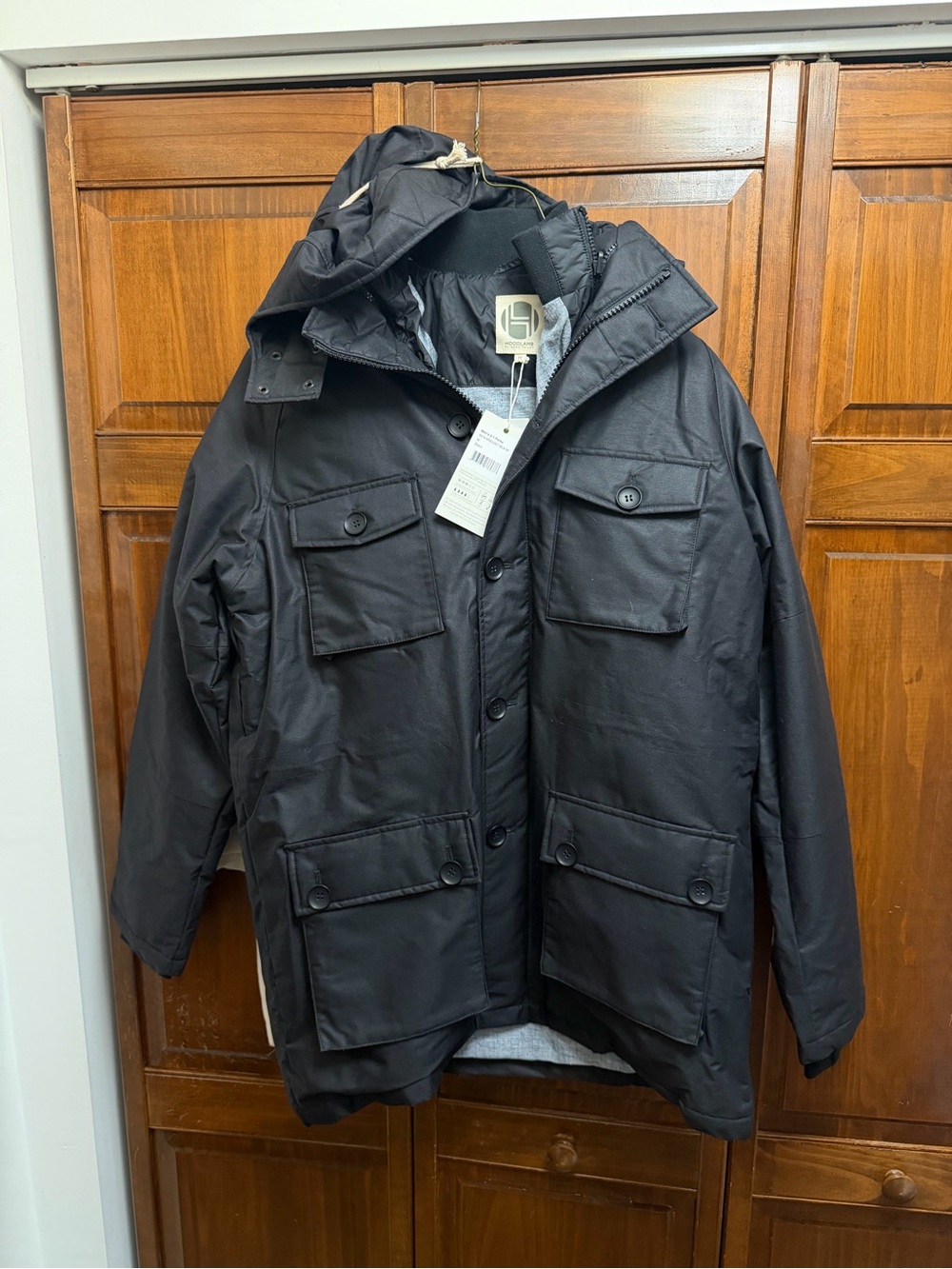 Men's Black Military-Style Field Jacket with Hood